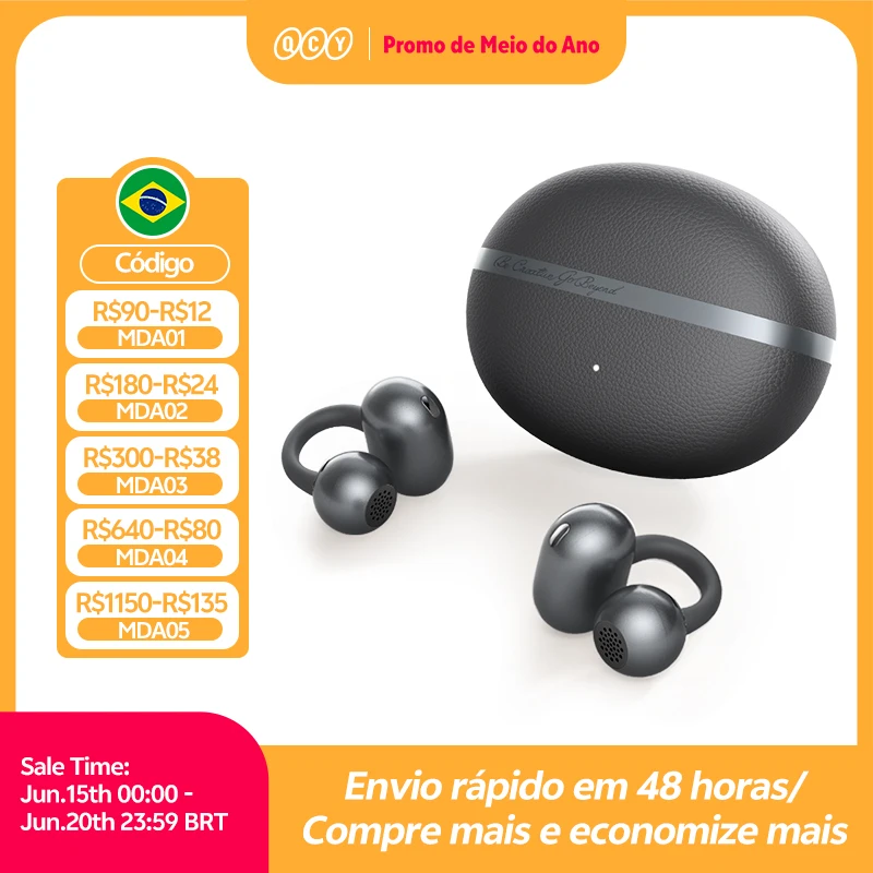 QCY Crossky C50 CT06 Fones de ouvido sem fio abertos Bluetooth 6.0 Ultra-confortáveis ​​com clipe para chamadas IA, reforço de graves, controle de volume adaptável, 35 horas de reprodução, esportes, corrida