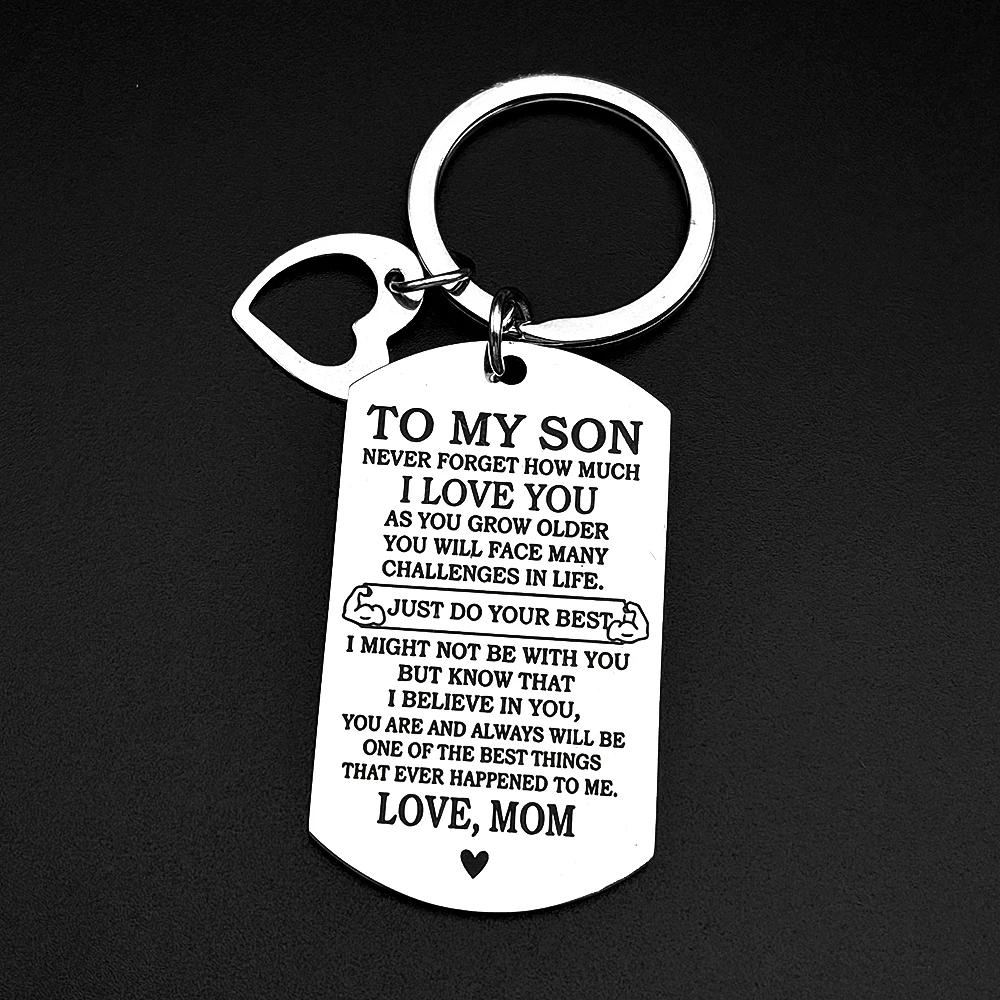 Schlüsselanhänger „An meinen Sohn“ mit Hundemarke, Liebe, Edelstahl, silberfarben, inspirierendes Zitat, Geburtstagsgeschenk für Mama und Sohn, Schmuck – Detail 5