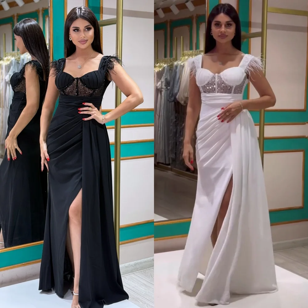 

Customized Chiffon Sequined Feather Pleat TrumpetLong Dresses Bespoke Occasion Charming Evening Party Gown Glitter Sexy