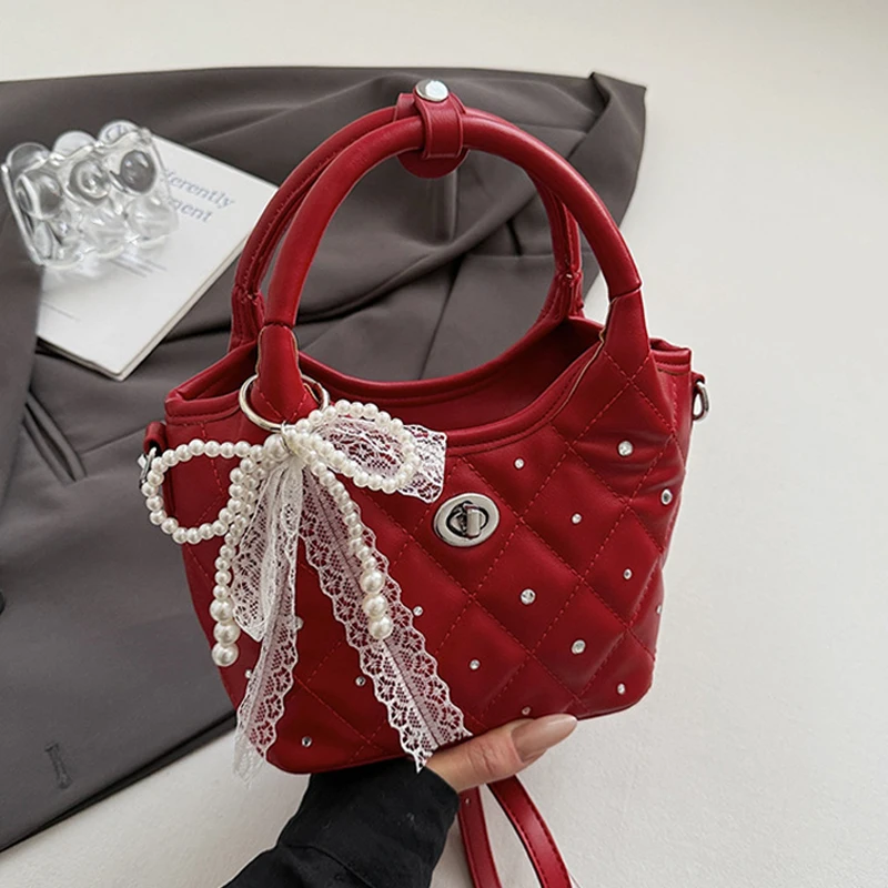 

Temperament Red Diamond Handbag Sweet Lace Beaded Decorative Crossbody Bags Elegant Women's Wedding One Shoulder Bag