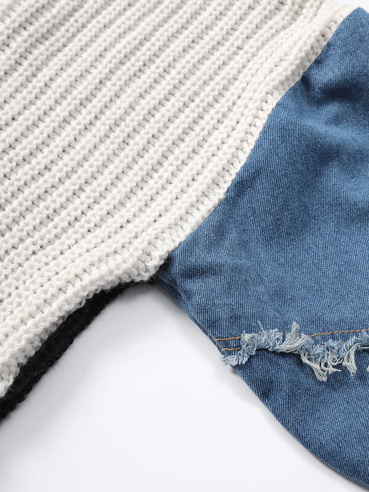 [EAM] Black Denim Color-block Big Size Knitting Sweatshirt New Round Neck Long Sleeve Women Fashion Spring Autumn 2026 CPG6698
