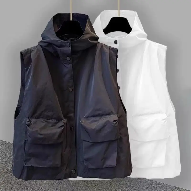 

Juspinice Korean Style Trendy Workwear Pocket Vest Loose Vest Men's Autumn Couple Style Solid Color Hooded Top Male Clothing