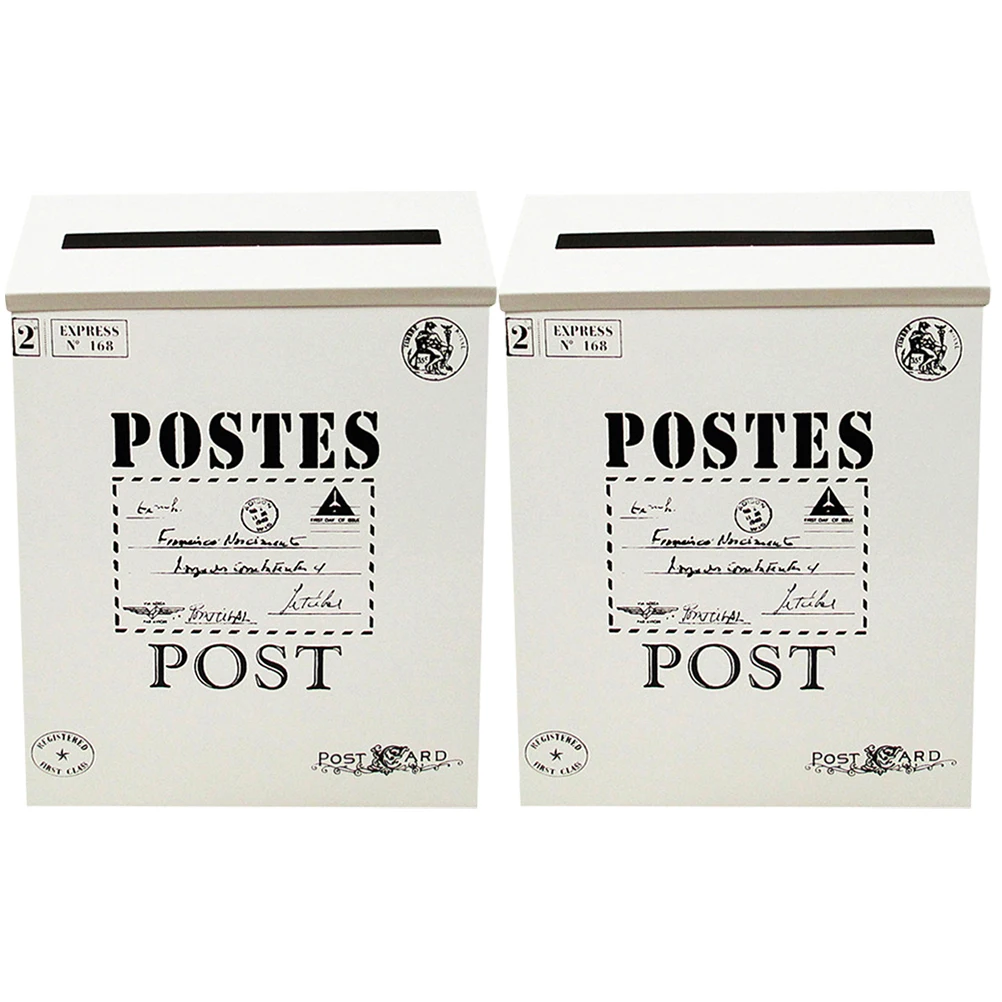

2 Pcs Retro Iron Mailbox Vintage Letter Box Wall Mount Tin Suggestion Box White Large Size Durable Home Garden Decoration Photo