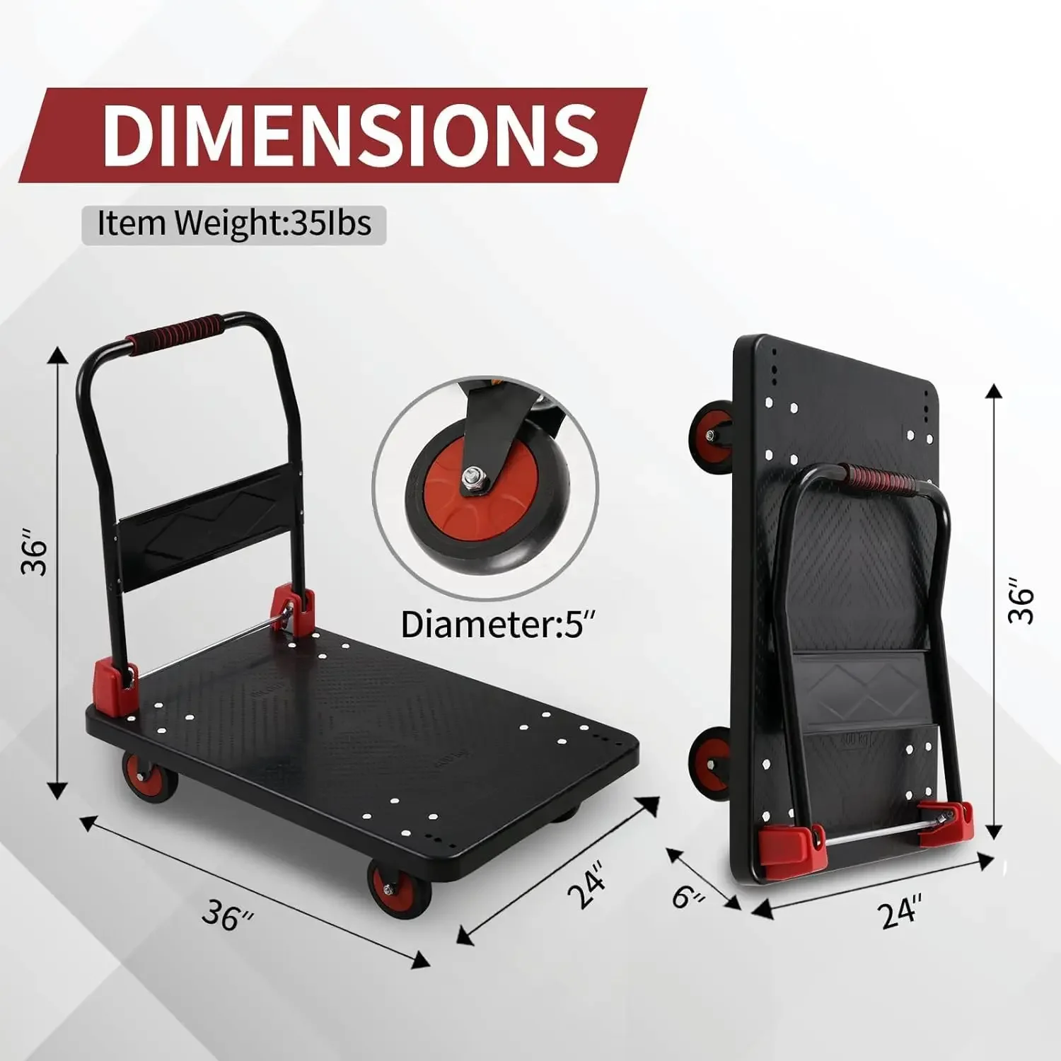 Platform Truck Push Cart Dolly, Foldable Hand Trucks with 1000LB Weight Capacity 36x24Inch Large Size for Easy Storage and 360