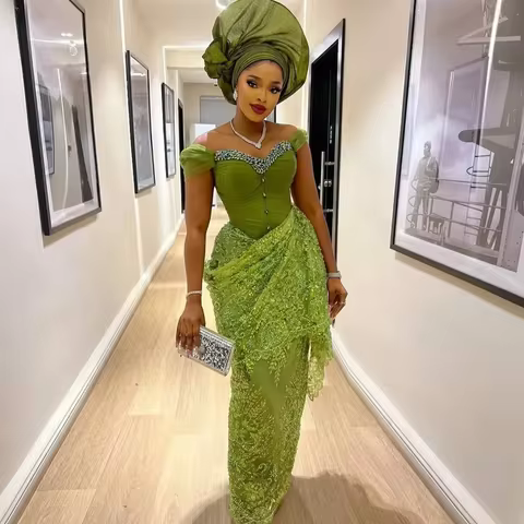 Popular Nigerian Green Birthday Dresses Luxury Beading Lace Wedding Reception Dress African Bridal Dress Aso Ebi Evening Gowns