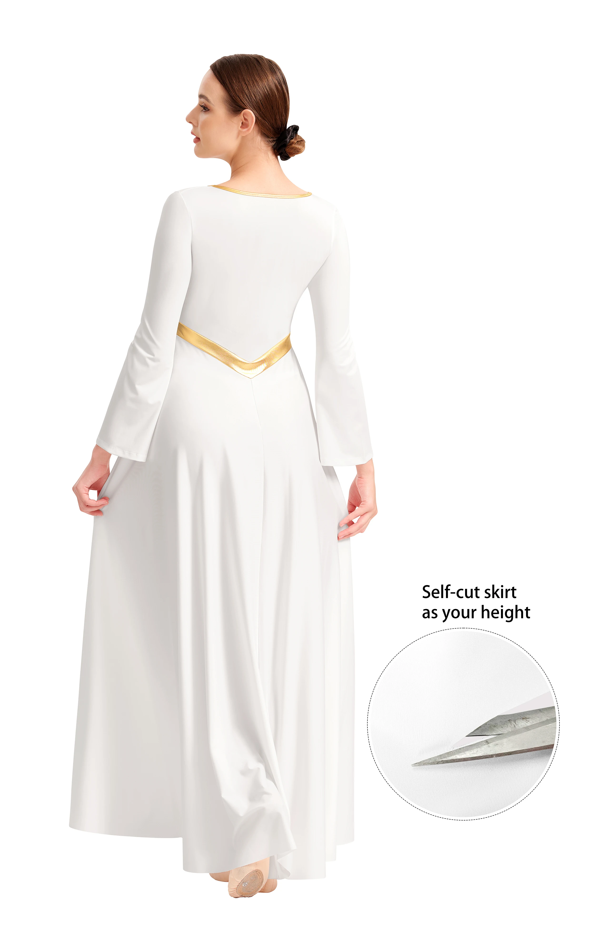 iWomen Abito da ballo di lode con giunture metalliche, taglio libero, costume liturgico da culto a maniche lunghe per adulti con gonna svasata svasata