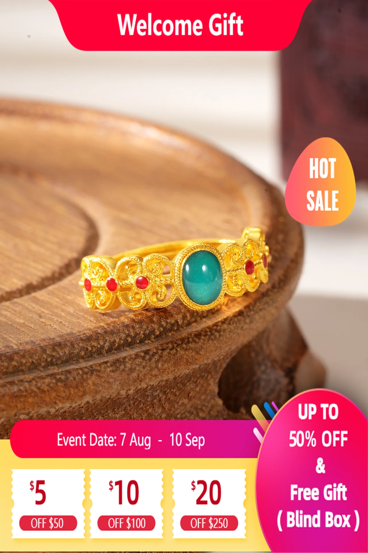 

Lium Gems Gold vermeil 925 Sterling Silver Women Statement Ring Green Agate-Inlaid for annivery gift