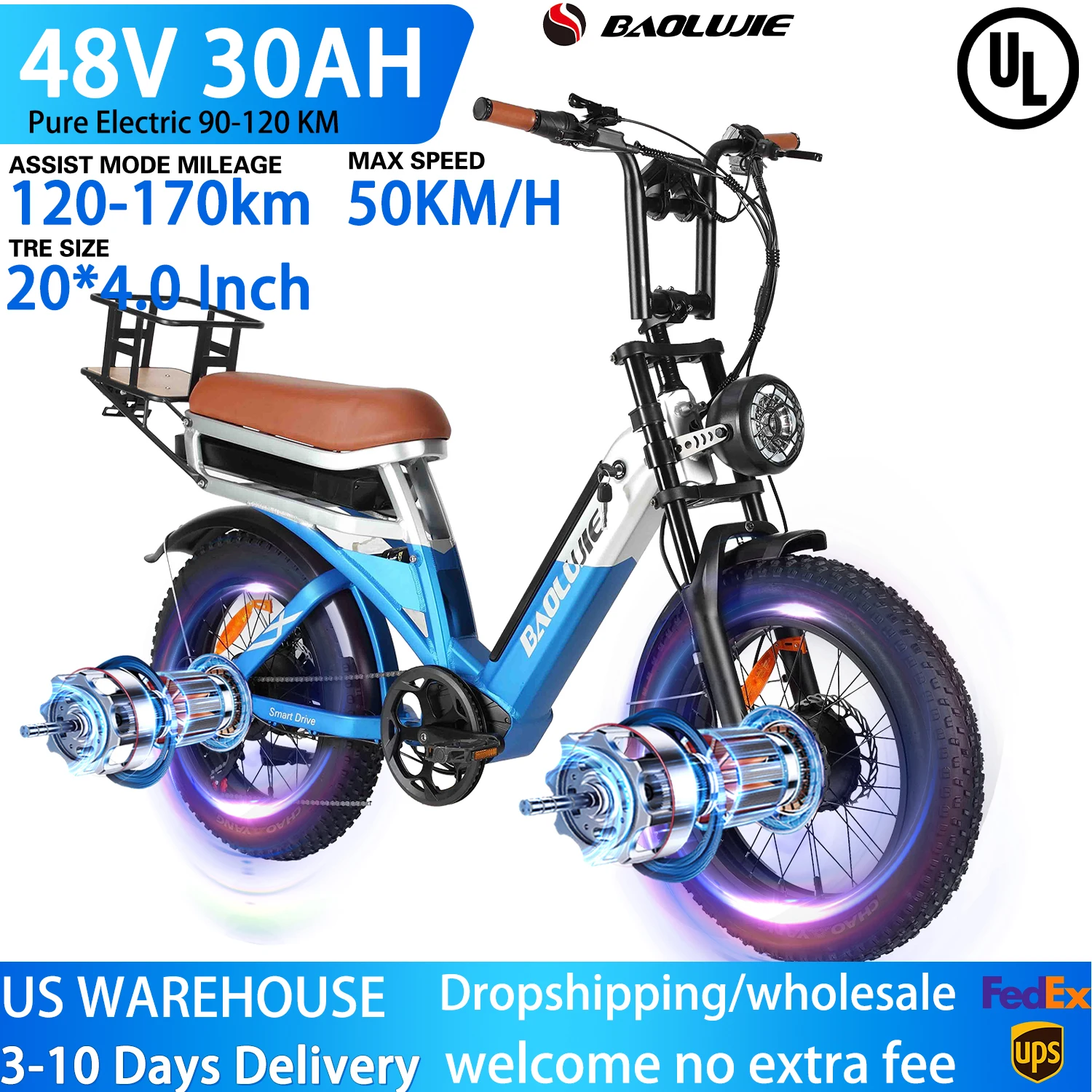 

BAOLUJIE 2000W Dual Motor Ebike Electric Bike for Adults 48V30AH Electric Bicycle 20 Inch Fat Tire Hydraulic brake for Commuting