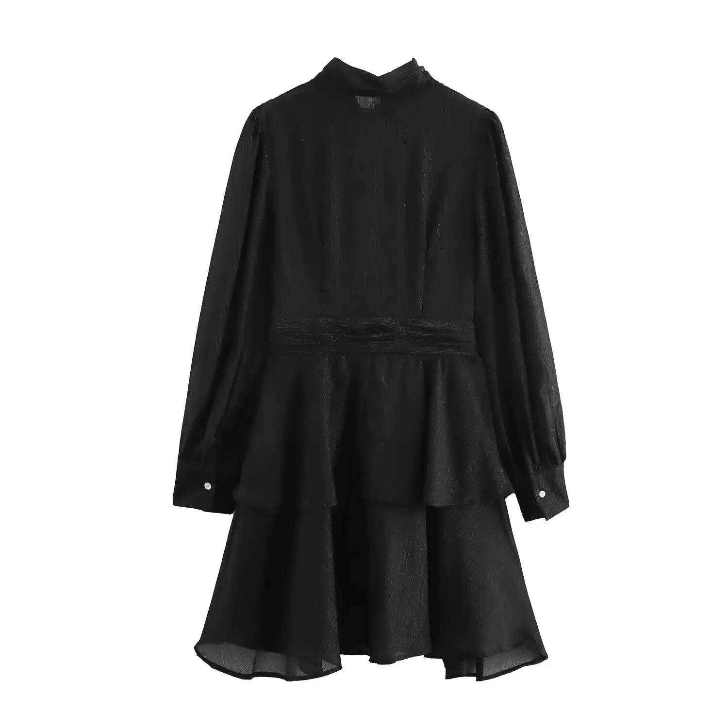 2025 vintage preto com linha de brilho chiffon vestido de manga longa mulher gravata arco colarinho ruched cintura fina 2 camadas bainha vestidos robe