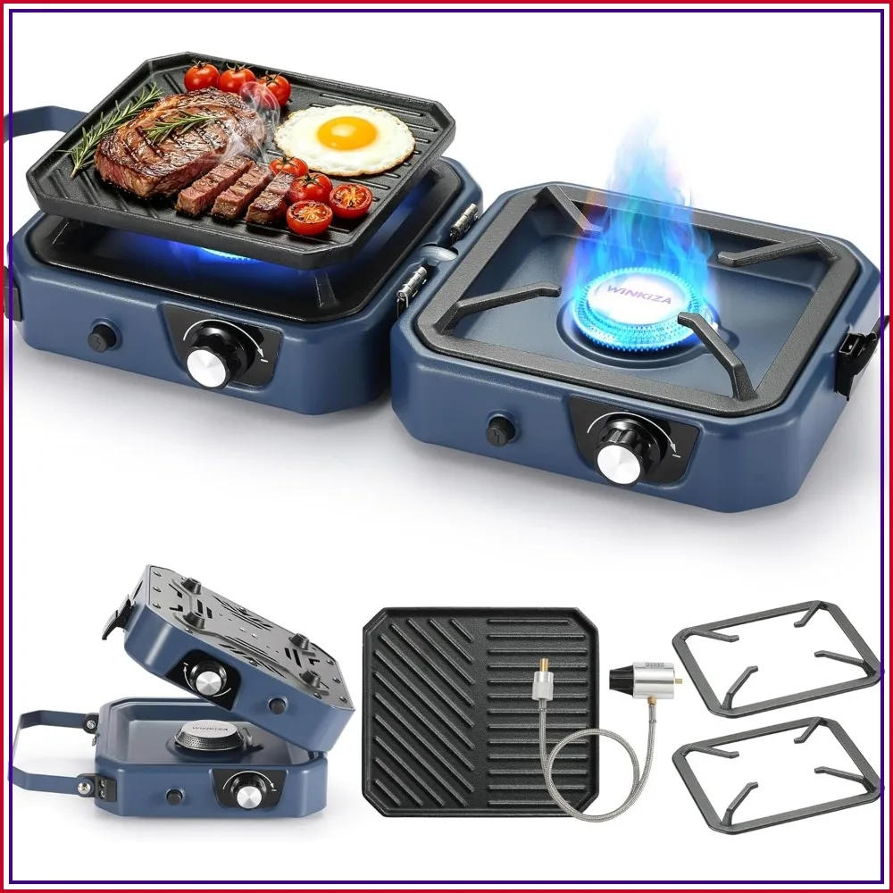 

304 Stainless 2 Burner Propane Camping Stove with Griddle, 24000BTU Portable Folding Camp Stove