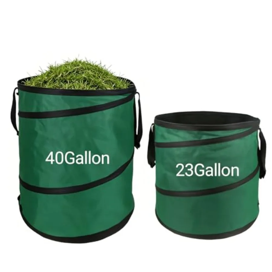 

2 Pack Collapsible Trash Can - Pop Up Outdoor Garbage Can - Reusable Lawn and Leaf Bags - 1 Large 40 Gallon + 23 Gallon Yard Wa