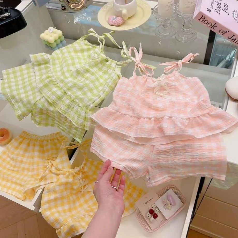 

Summer New Girls Kids Sling+Shorts Set Princess Baby Checkered Bow Thin Strap Suits Girl Children Fashion Sweet Waistcoat Skirts