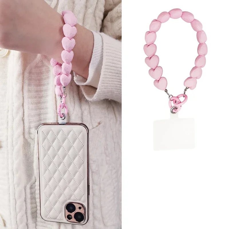 Mobile Phone Lanyard Hand String Beads Hanging with Love Heart Beaded Children's Wrist Chain Clip Type Irregular Diamond Pendant