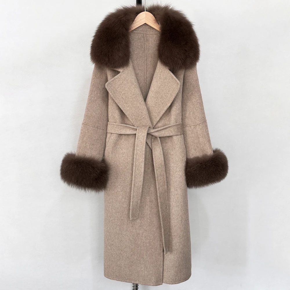 OFYBUY Modischer Warmer Wollmantel mit Echtfuchspelzkragen, Neue Herbst-Winter-Langkleidung für Damen, Eleganter Wollmantel mit Gürtel für Frauen – Detail 37