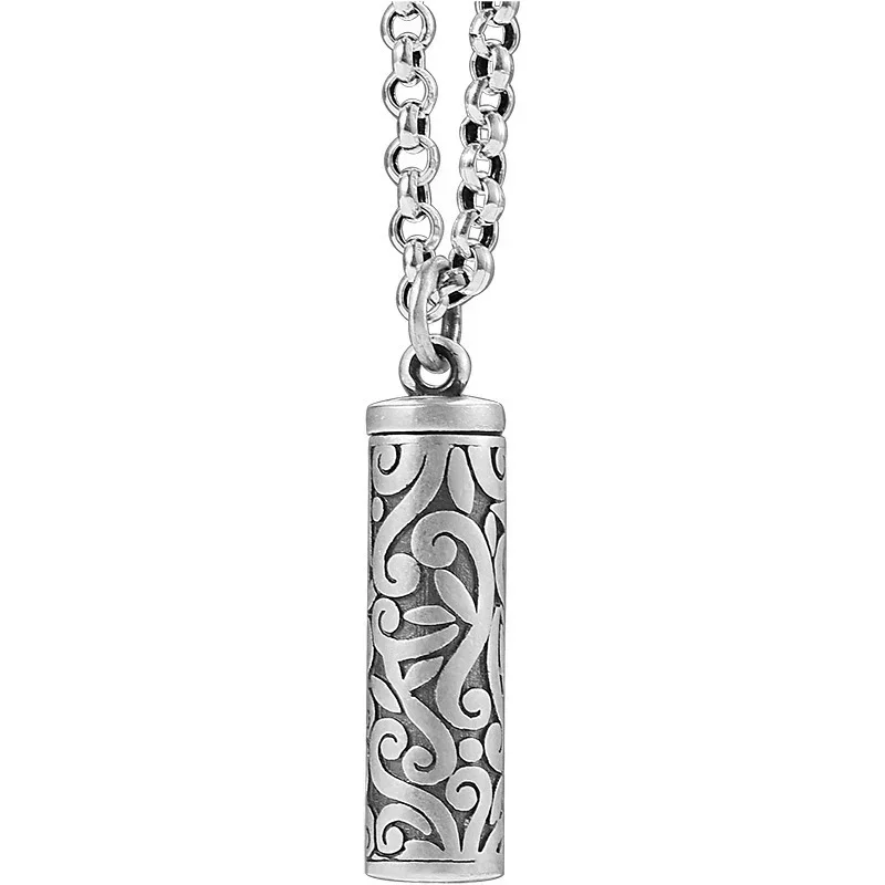 925 Silver Hollowed Out Pendant Can Be Opened Patterned Cylindrical Necklace for Men and Women's Vintage Ethnic Style Jewelry 6