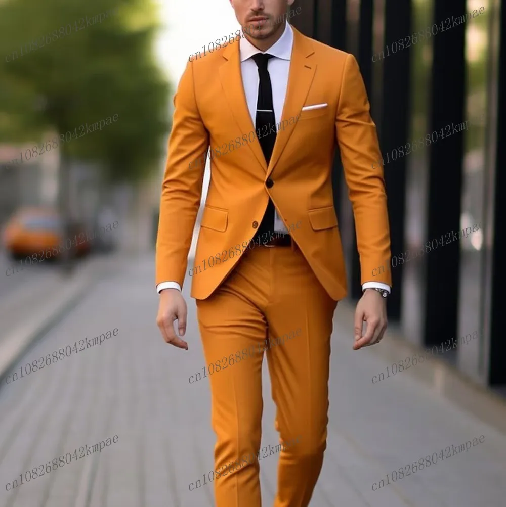 

Male Fashion Orange Formal Occasion Men Suit Groom Groomsman Wedding Party Prom Business Tuxedos 2 Piece Set Blazer Pants