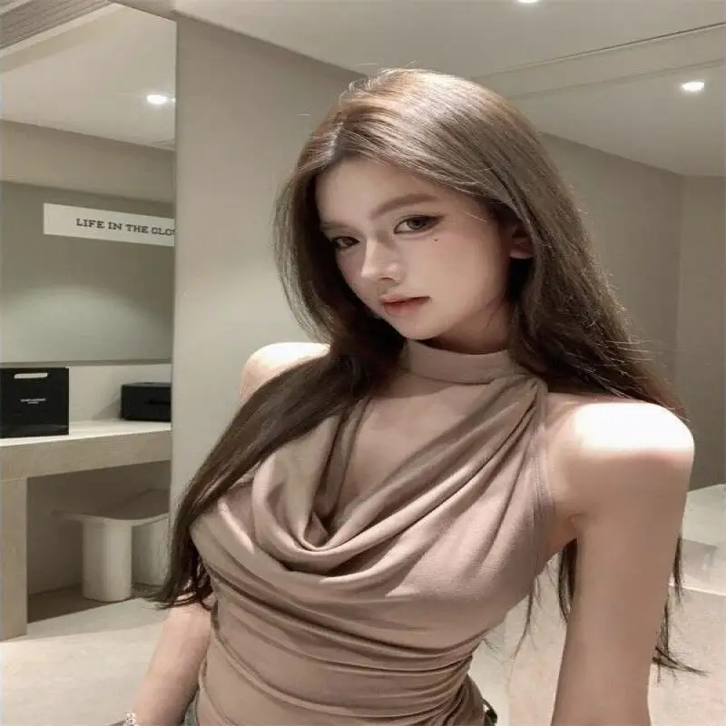 

Новый стиль: качественные женские топы-халтеры без рукавов, осенне-летняя уличная одежда, цвет хаки, сексуальный дизайн с драпировкой и открытой спиной