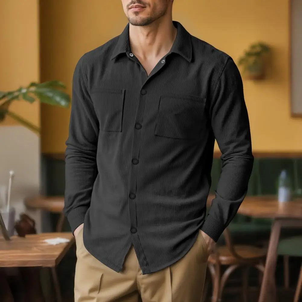 

Men Business Shirt Stylish Men Top Men's Lapel Long Sleeve Business Shirt with Pockets Solid Color Ribbed Work Professional Wear