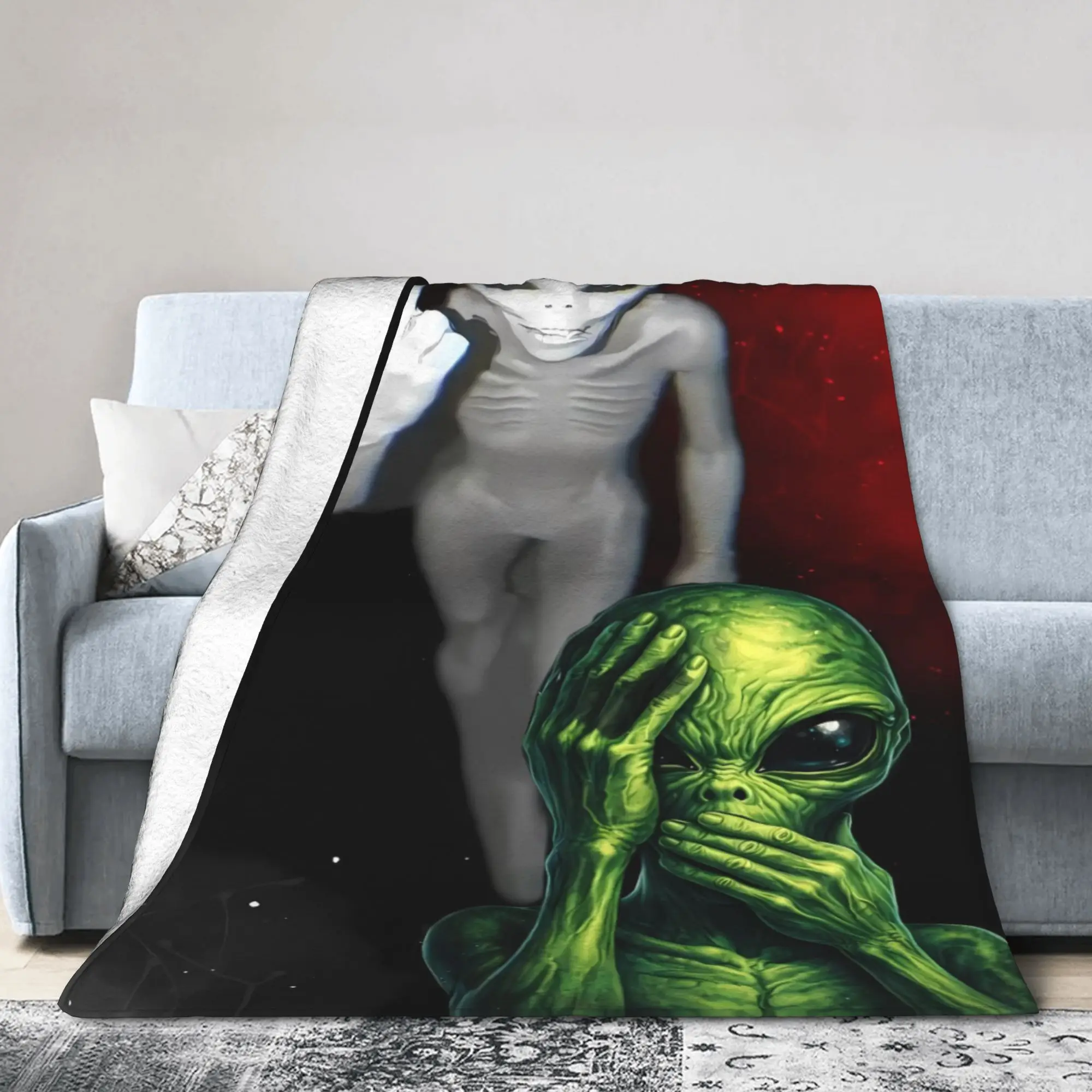 Green Alien Covering Mouth White Alien Showing Middle Finger Blankets  Soft Warm Plush Throw Blanket For Couch Chair Sofa Cover