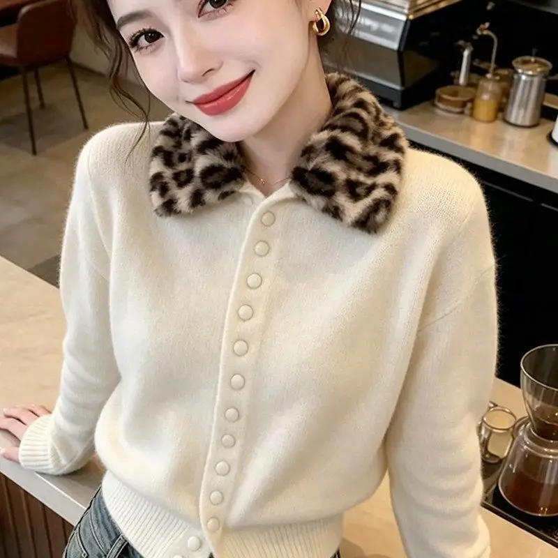 Kimutomo Women French Leopard Print Knit Cardigan Detachable Fur Collar Fall Winter 2026 Slim Fit Versatile Sweater Outerwear