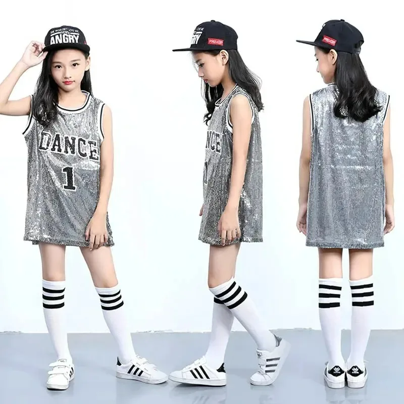 Girls Hip Hop Sequins Dance Costume Glitter Tank Top with Socks Children Kids Stage Performance Mordern Jazz Outfits 5-12 Years