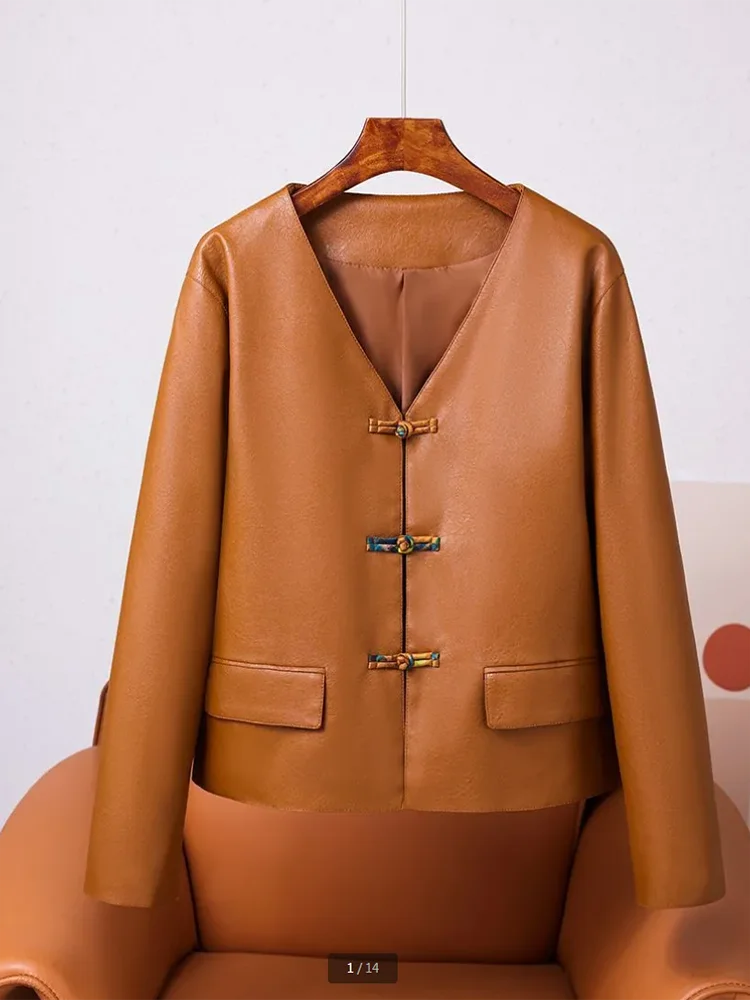 Primavera outono nova jaqueta de couro outwear feminino novo estilo chinês moda nacional curto solto manga longa topos de couro