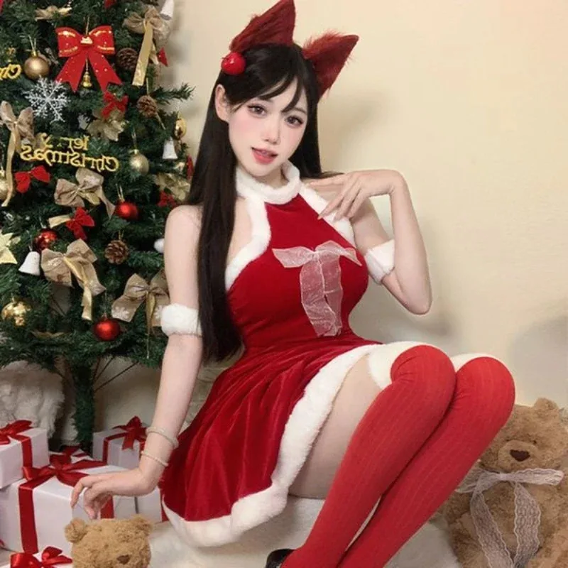 فستان بحمالات عيد الميلاد بدون ظهر، زي حفلة عيد الميلاد، زي نسائي أحمر للعام الجديد، زي لعب الأدوار، مجموعة فتاة لطيفة