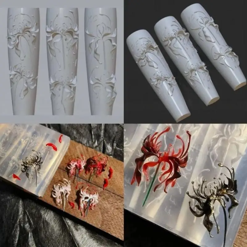 3D Lycoris Radiata Flower Silicone Nails Art Mold Transparent Manicure Carving Mold DIY Red Lily Floral Patterns Moulds.