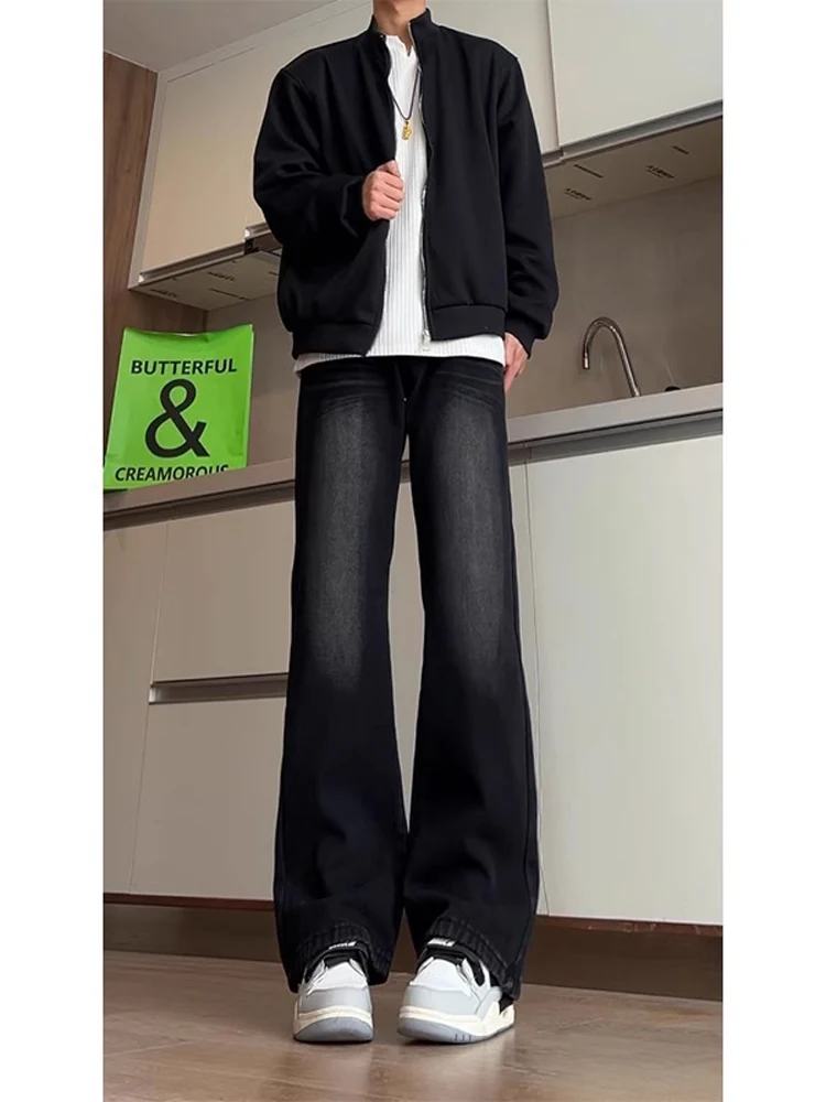 

Мужские джинсы-буткэт с флисовой подкладкой, прямые, в стиле High Street, для зимы, молодежные, модные, водонепроницаемые, черные, с эффектом потертости