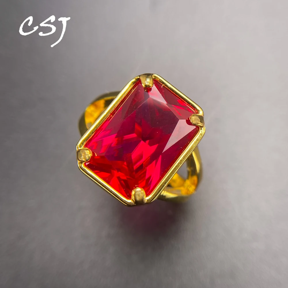 

Elegant Ruby Ring 18K Yellow Gold Created Gemstone Red Corundum Sapphire Oct 10*14mm for Women Birthday Party Jewelry Gift