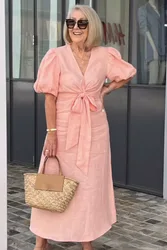 Fashion V Neck White Women Dress Spring Summer Elegant Casual Office Female Solid Lace Up Short Sleeve Dresses Robe Femme New