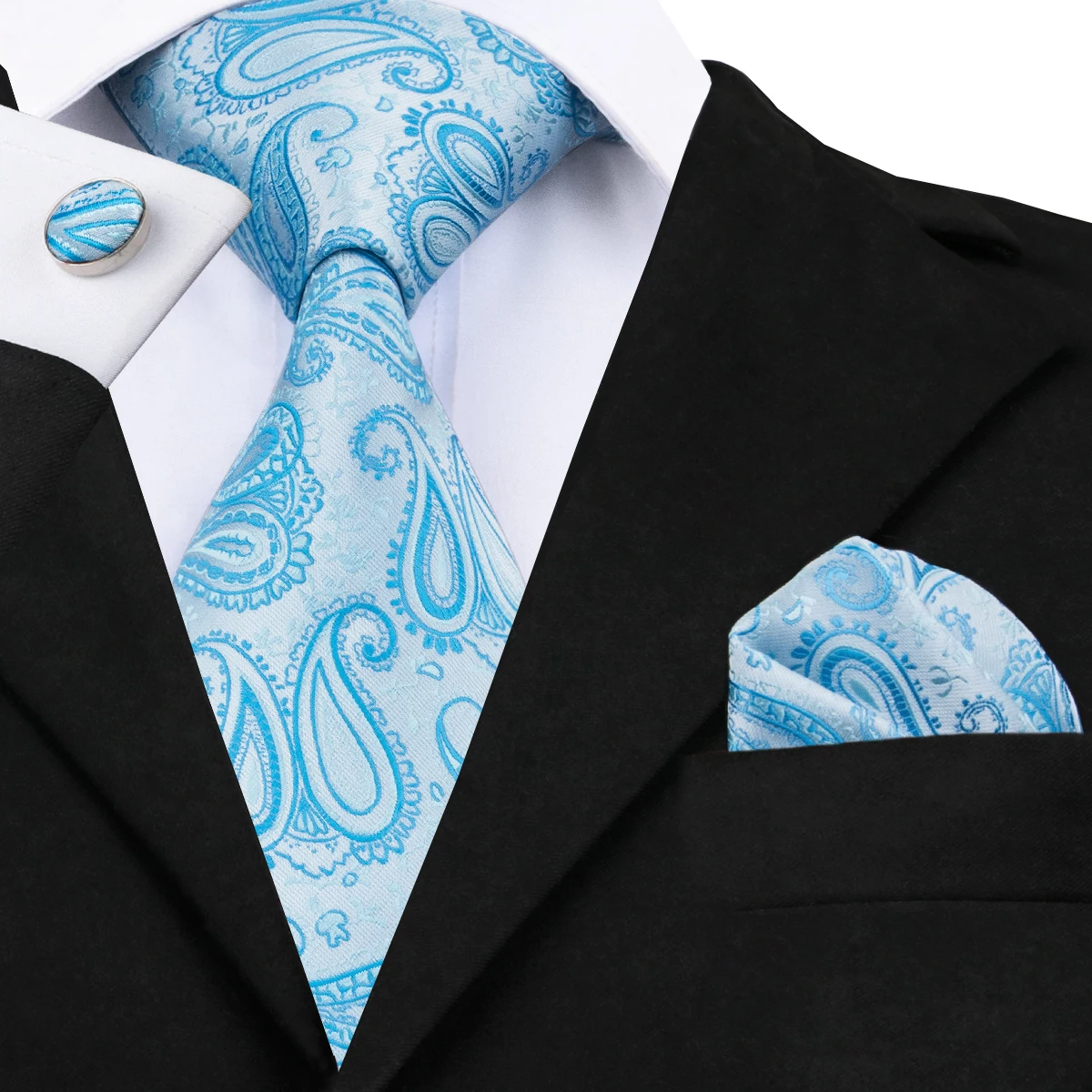 

Hi-Tie Designer Light Blue Paisley Silk Wedding Tie For Men Handky Cufflink Gift Mens Necktie Fashion Business Party Dropshiping