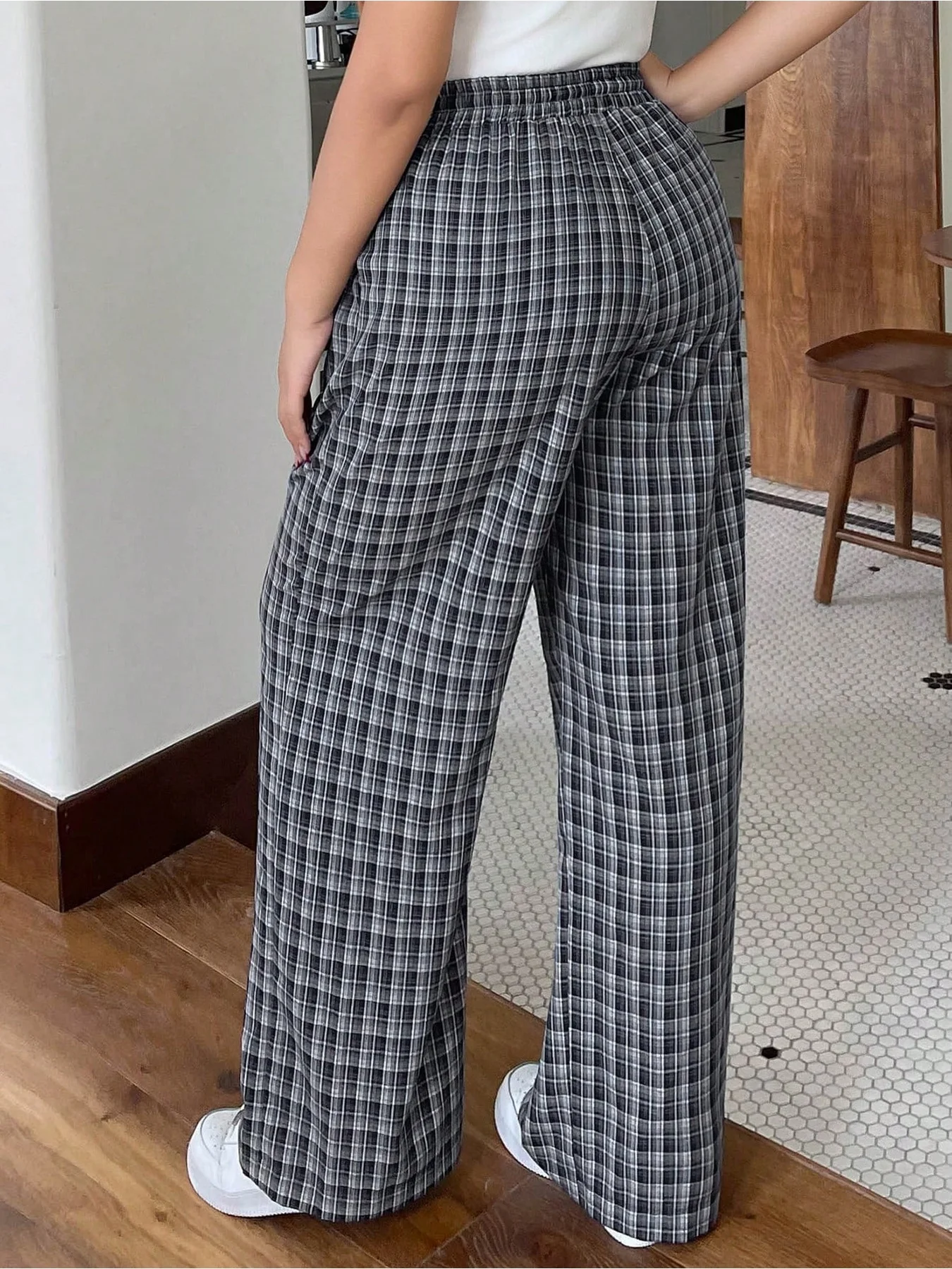 Summer Casual Comfortable Loose Plus Size Women's Checkered Elastic Waistband Drawstring Wide Leg Pants Long Pants