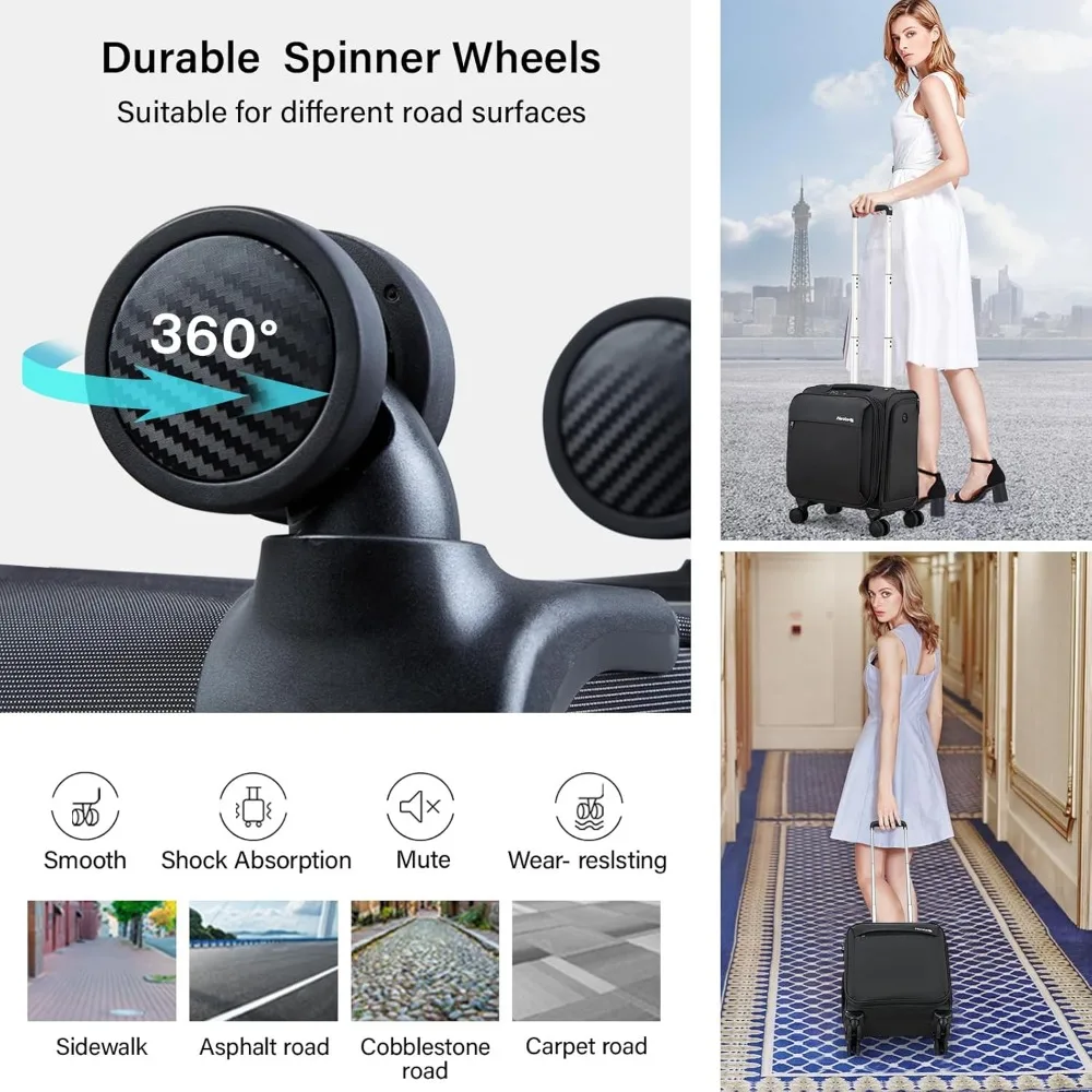 Lightweight 16 Inch Softside Underseat Carry-On Luggage with Wheels, Small Suitcase for Travel, Ultra-Portable Bag for Efficient