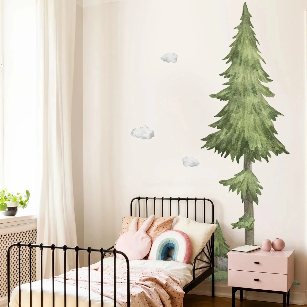 1pcRuntoo Giant Pine Wall Sticker 85 Inch Large Green Watercolor Forest Woodland Wall Sticker for Living Room Bedroom Wall Decor