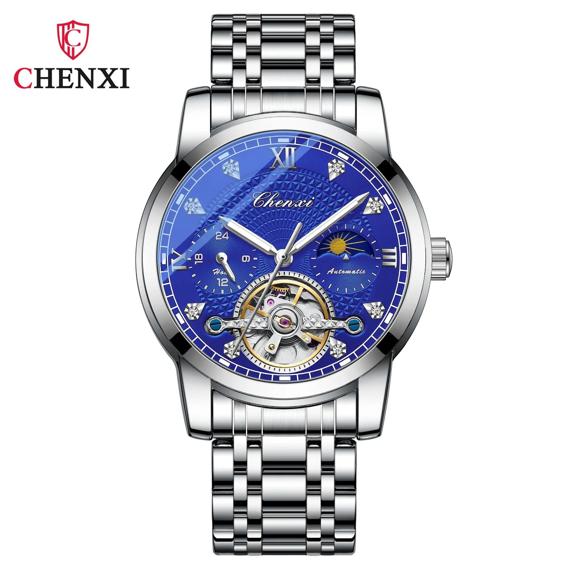 CHENXI 8870 Men Automatic Mechanical Watch Creative Business Luminous Flywheel Stainless Steel Wrist Watches for Male Gift