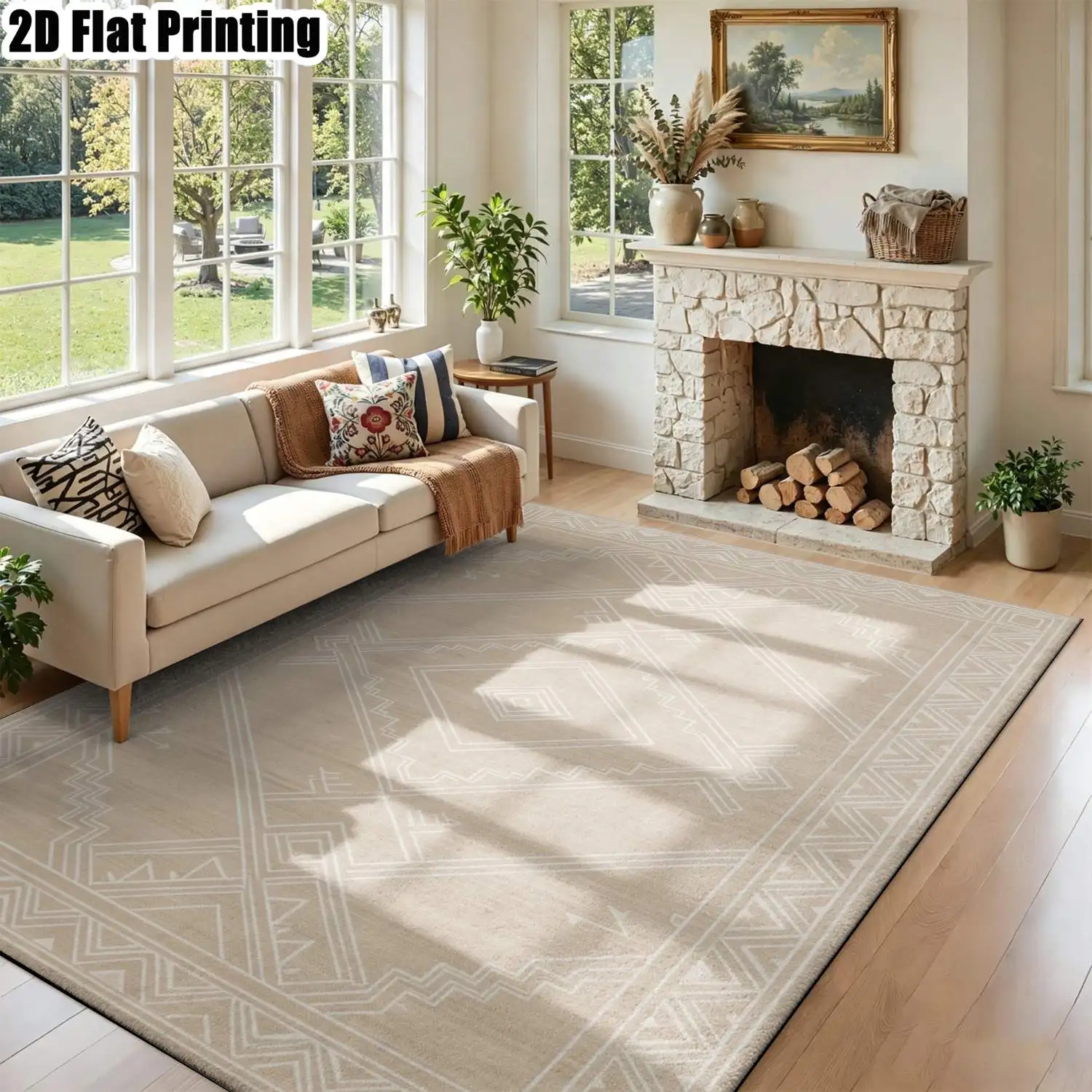 1Pc 2D Printed Beige Geometric Abstract Nordic Modern Minimalist Vintage European Carpet, Multi-Size Machine Washable Home Decor Mat for Entrance, Living Room, Bedroom, Dining Room, Foyer