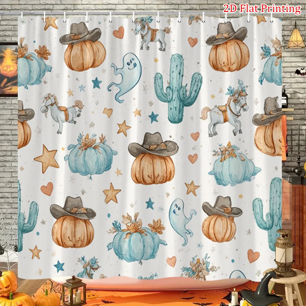 

Занавеска для душа в стиле вестерн-ковбой на Хэллоуин с милыми ковбойскими призраками, кактусами, лошадьми, тыквой и сердечками - бирюзово-синий и коричневый Sout
