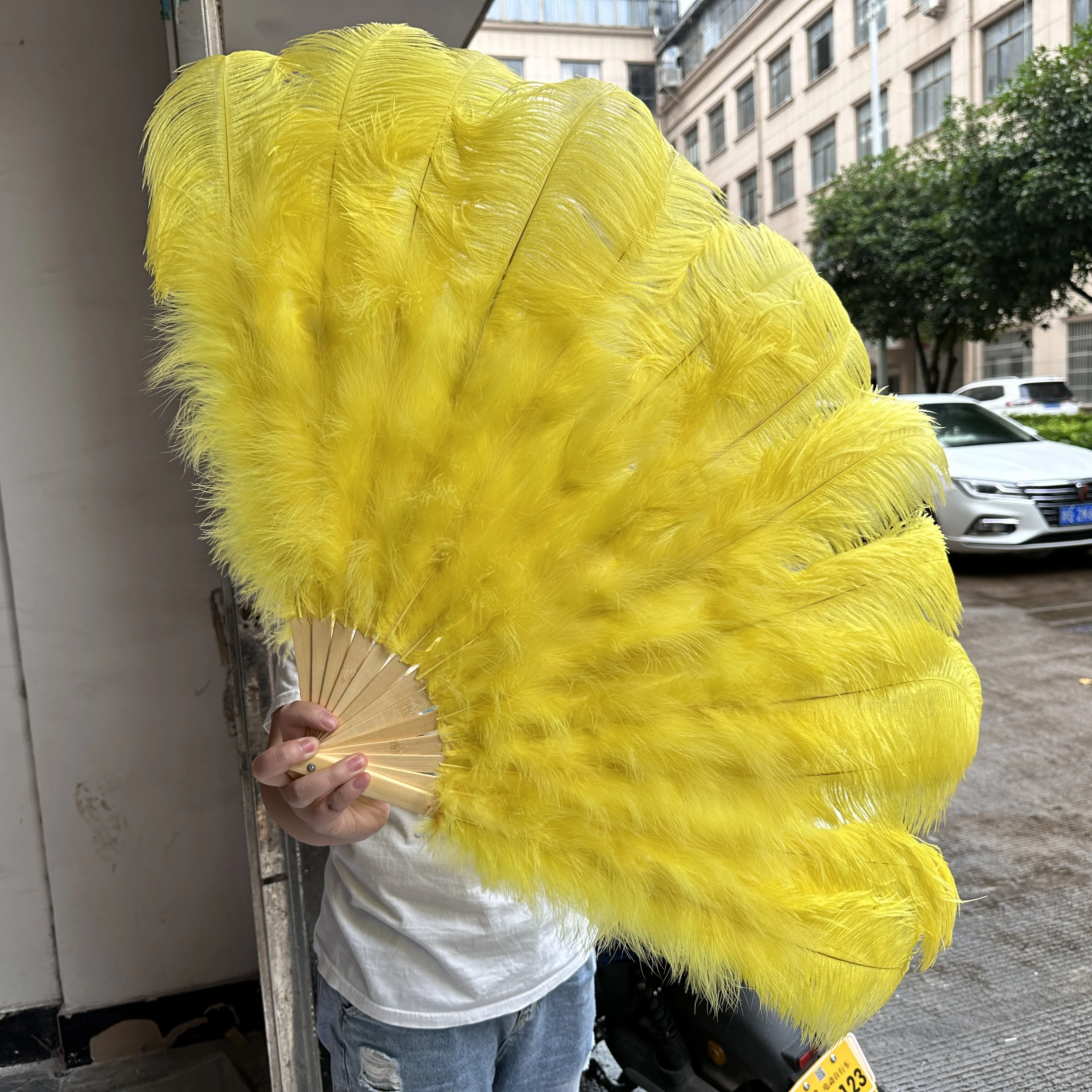 100CM/130CM Yellow Red Ostrich Feather Fan 13 Bone Bamboo Knot Handheld Stage Performance Fan Wedding Carnival Party Dance Props