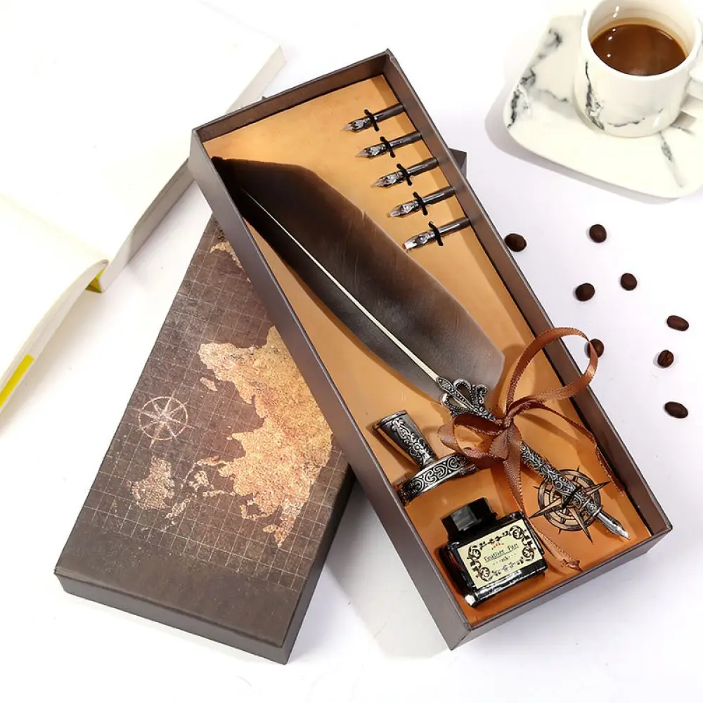 Vintage Feather Quill Dip Pen Set Artistic Calligraphy Ink Set Decorative Stationery Gift Box For Writing Enthusiasts