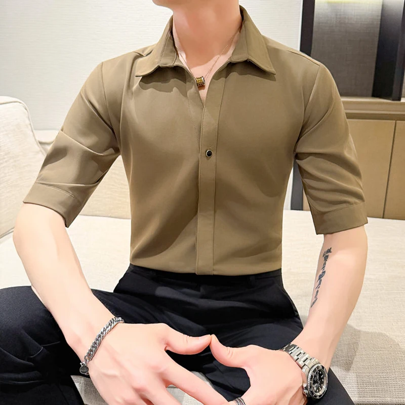 Fashion Casual Solid Men Dress Shirts Summer Spring Business Formal Half Sleeve Man Shirt Korean-style Slim Trendy Mens Clothing
