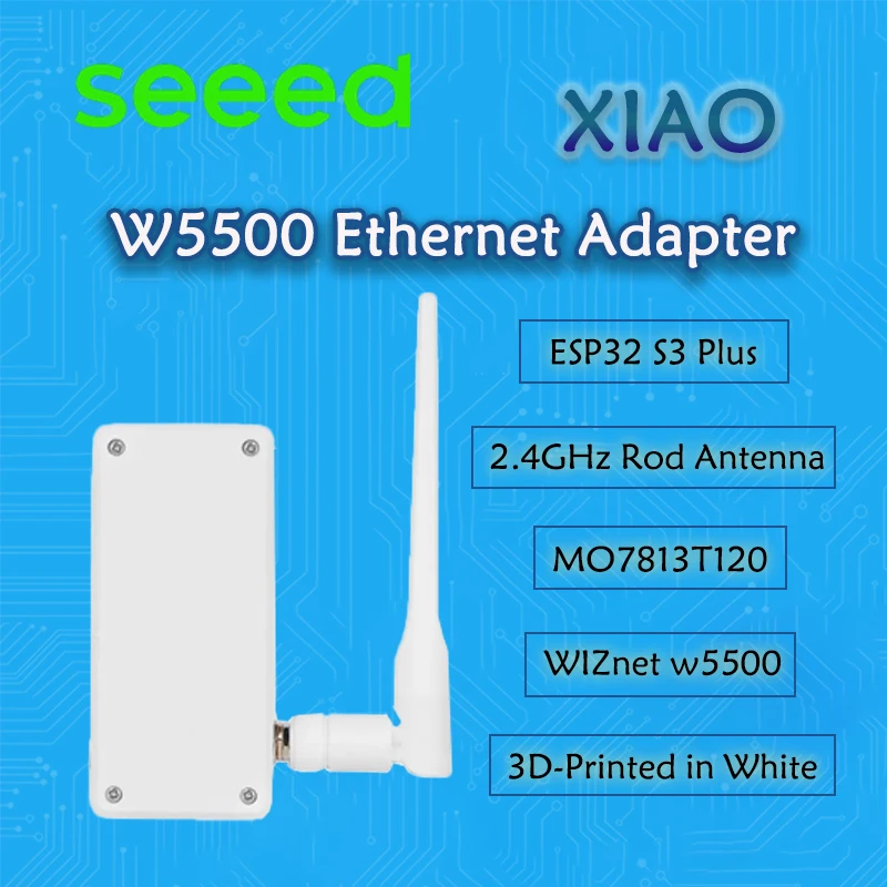 

XIAO W5500 Ethernet Adapter, with ESP32S3 Plus,2.4GHz Rod Antenna (2.81dBi),MQ7813T120, isolated PoE module