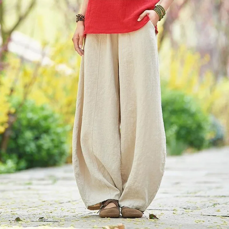 2024 Summer New Cotton and Hemp Lantern Pants Zen Training Elastic Waist Large Size Loose Pants Women\'s Casual Pants