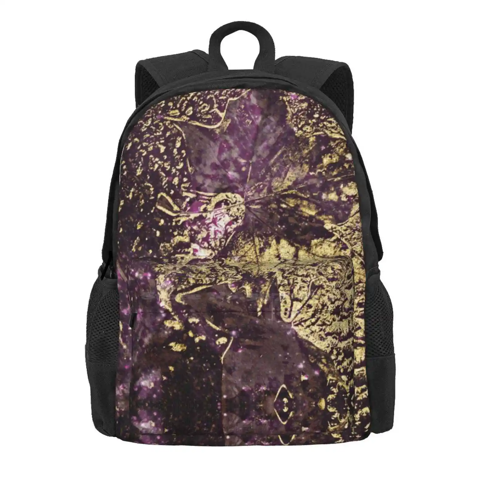 Two Purple Leaves In Melted Gold Hot Sale Schoolbag Backpack Fashion Bags Abstract Fall Autumn Dried Leaves Leaf Purple Mauve