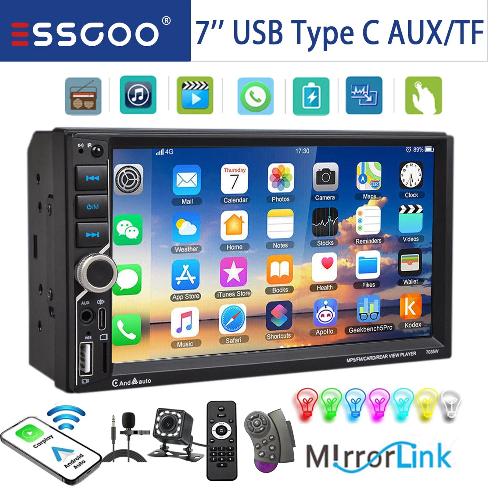 ESSGOO Universal Autoradio Doppel 2 DIN 7 Zoll HD Touchscreen Wireless CarPlay Android Auto Bluetooth 5.0 USB AUX TF Equalizer Mirror Link Lenkradfernbedienung Typ C SD MP5 Player