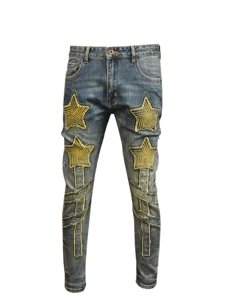 

Retro XINGX Embroidered Jeans Men's Fashion Street Slim Fit Skinny Stretch Patch Washed Distressed Casual Men's Trousers