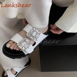 Square Button Square Diamond Women Slippers Flat Sole Solid Summer Fashion Casual Comfortable  Women Shoes 2024 New Arrivals