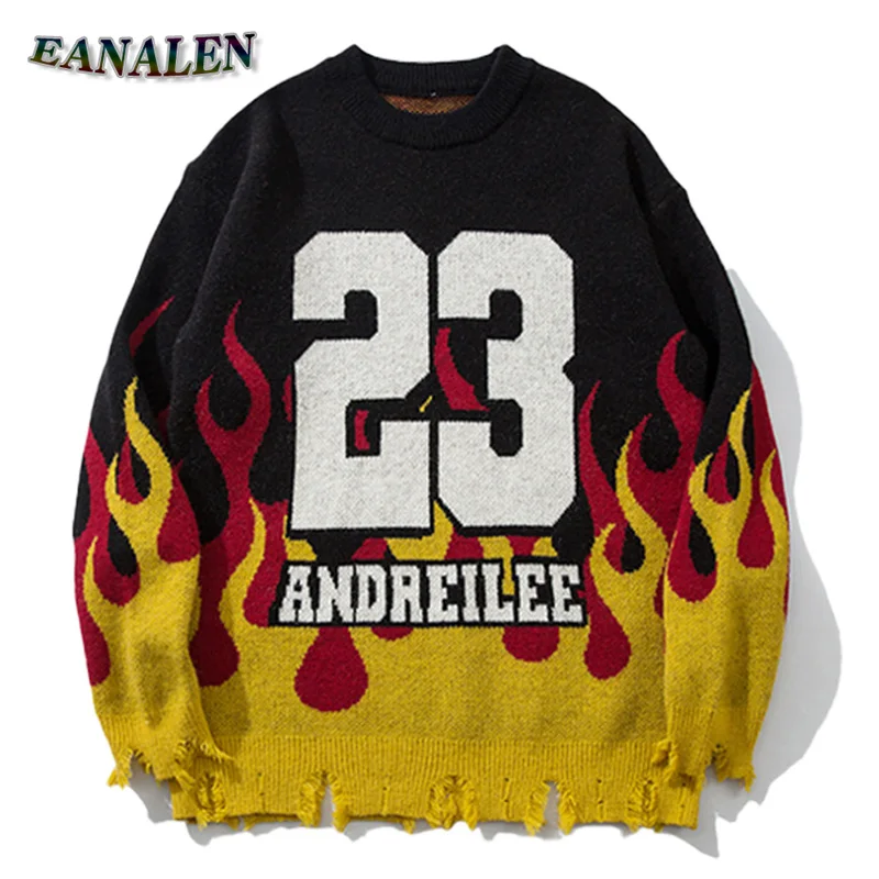 

Harajuku Vintage Flame Broken Sweater Men's Winter Casual Oversized 23 Knitted Pullover Grandpa Ugly Sweater Women's Y2K Grunge