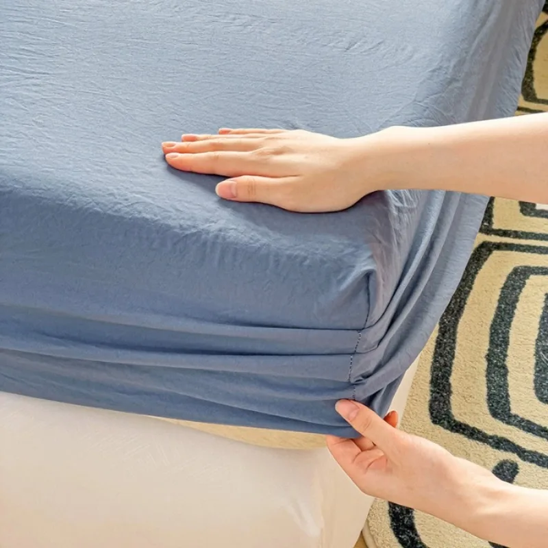 2025 new washed cotton solid color abraded fitted sheet soft and comfortable mattress protective cover no pillowcase