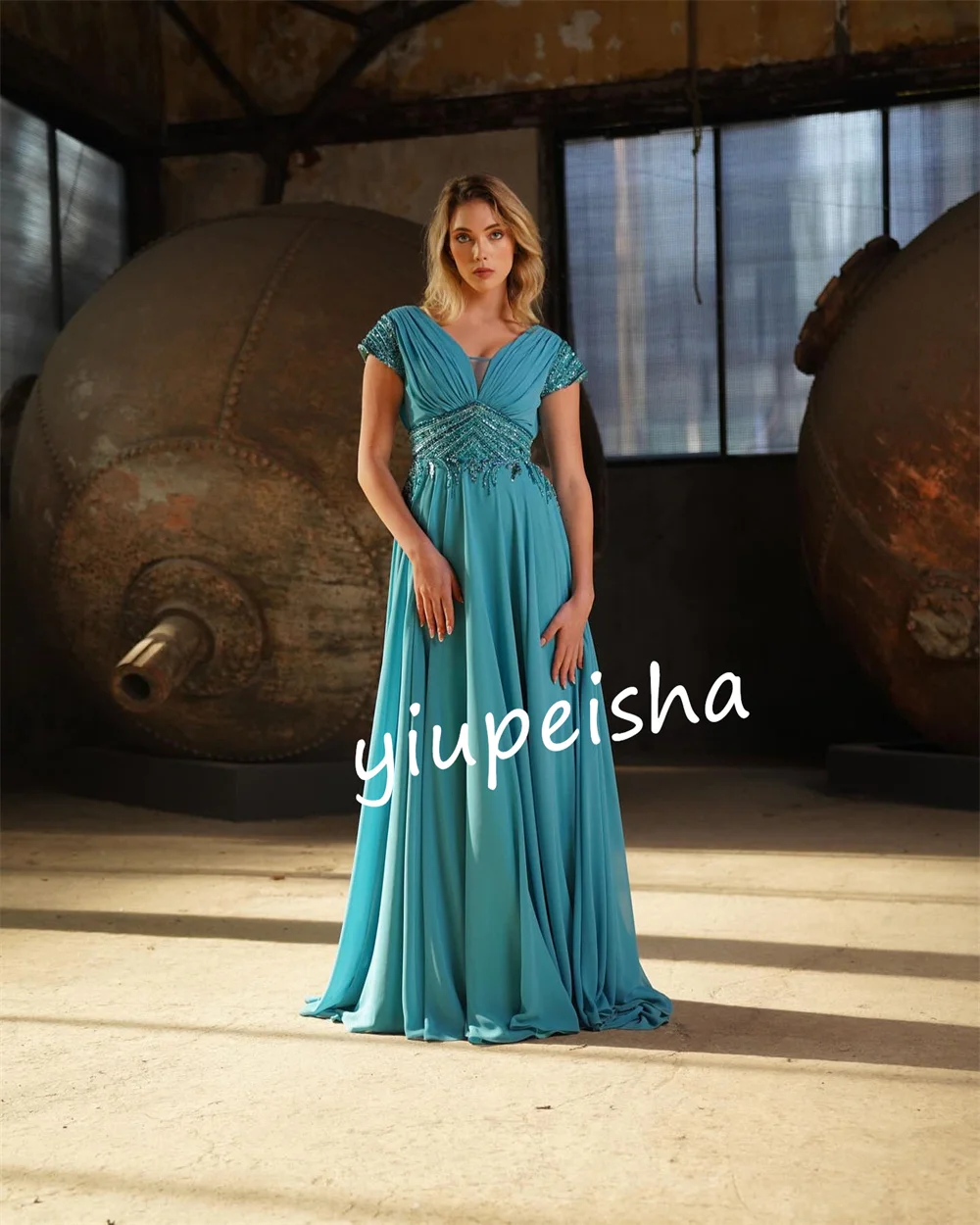 Chiffon Pleat  Birthday Straight V-Neck Bespoke Occasion Gown Long Dresses